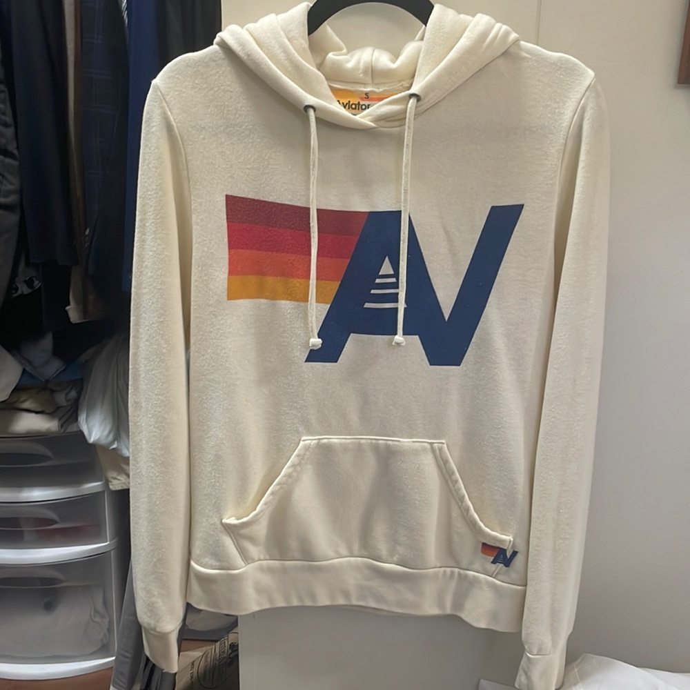 Vintage white pullover logo hoodie from Aviator Nation.